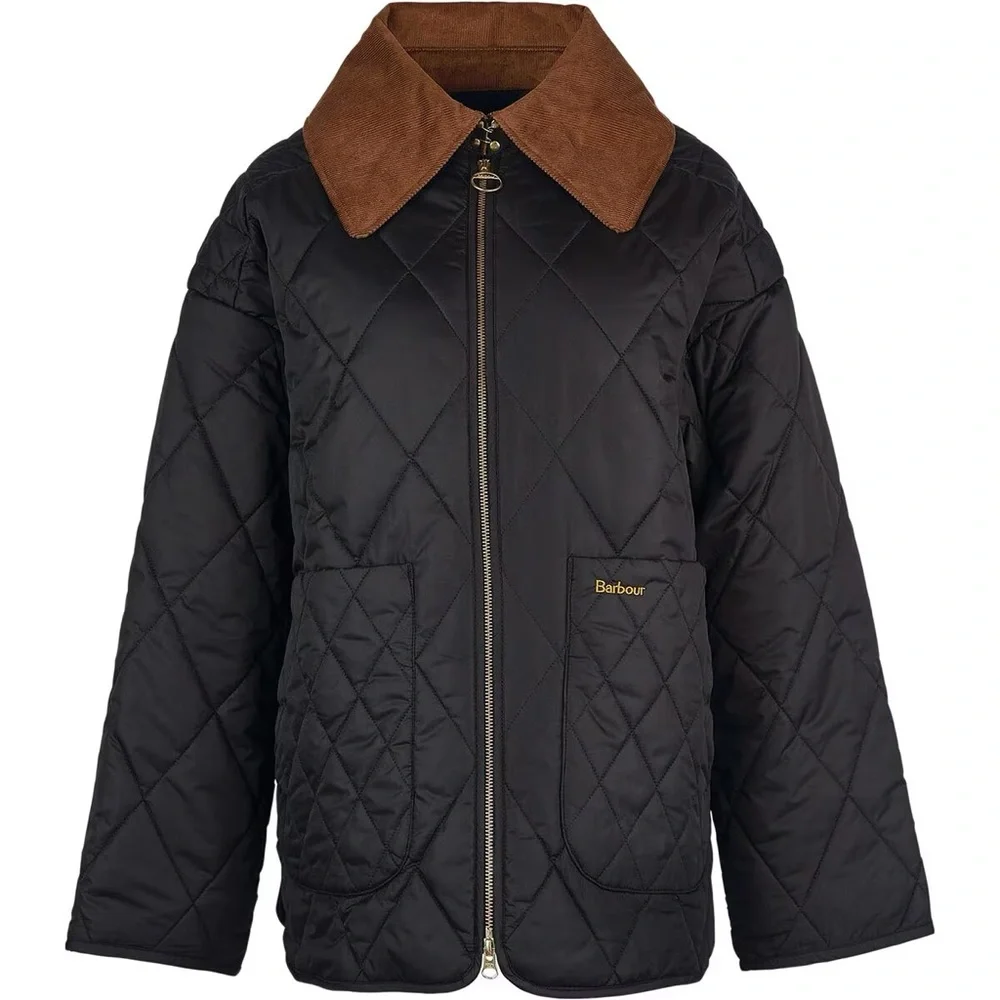 Barbour Black Quilted Puffer Jacket with Brown Cord Collar - Picture 1 of 8